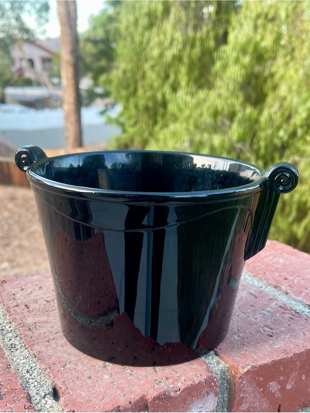 Vintage Black Glass Ice Bucket with Scroll Handles